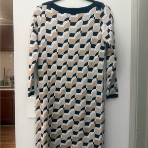 Ann Taylor Beige, Black & White Geometric Long-Sleeve Knit Dress